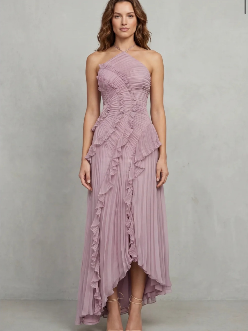 Halter Top - Ruffled Pleat Asymmetrical Dress In Mauve/Pink